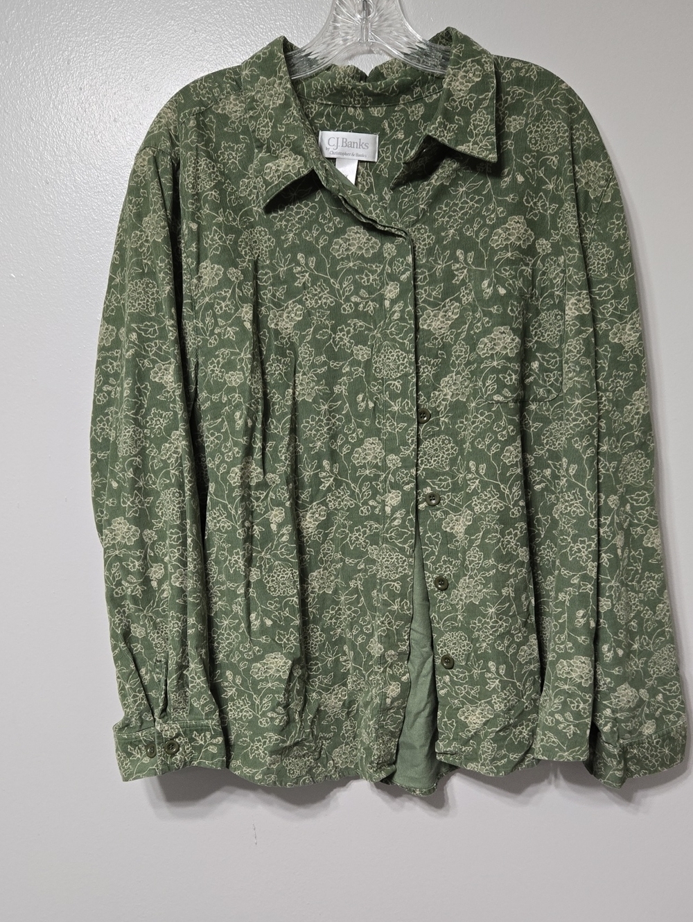 Sage Green Floral Print Long Sleeve Button-down Shirt 3X Cj Banks Botanical